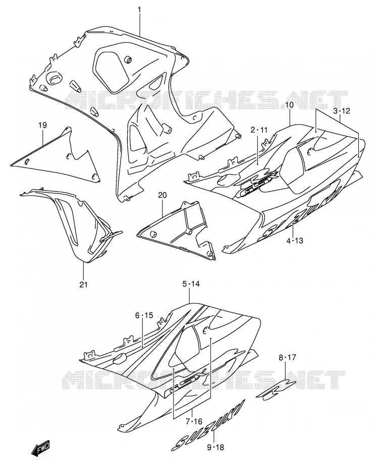 FLANCS DE CARENAGES (MODELE Y) Suzuki MOTO 750 GSX-R 2001  GSX-R750K1(E2)