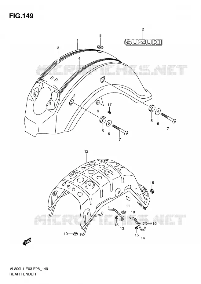 GARDE BOUE ARRIERE (VL800CL1 E28) Suzuki MOTO 800 VOLUSIA 2011  VL800TL1(E3/E28)
