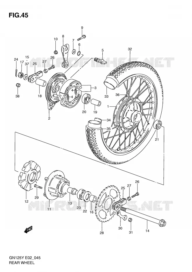 ROUE ARRIERE (GN125V/W/X/Y/K1) Suzuki MOTO 125 GN 1998  GN125EW(E2)