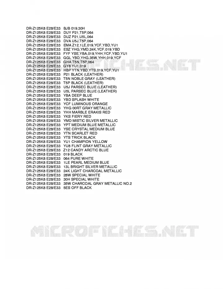 * CHARTE COULEUR * Suzuki MOTO 125 DR-Z 2012  DR-Z125LL0(E28/E33)
