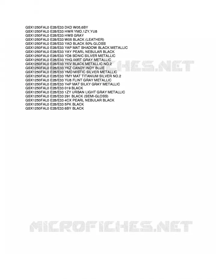 * CHARTE COULEUR * Suzuki MOTO 1250 GSX-F 2010  GSX1250FAL0(E28/E33)