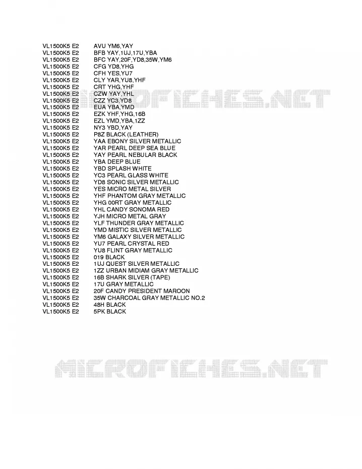 * CHARTE COULEUR * Suzuki MOTO 1500 INTRUDER 2006  VL1500K6(E2)
