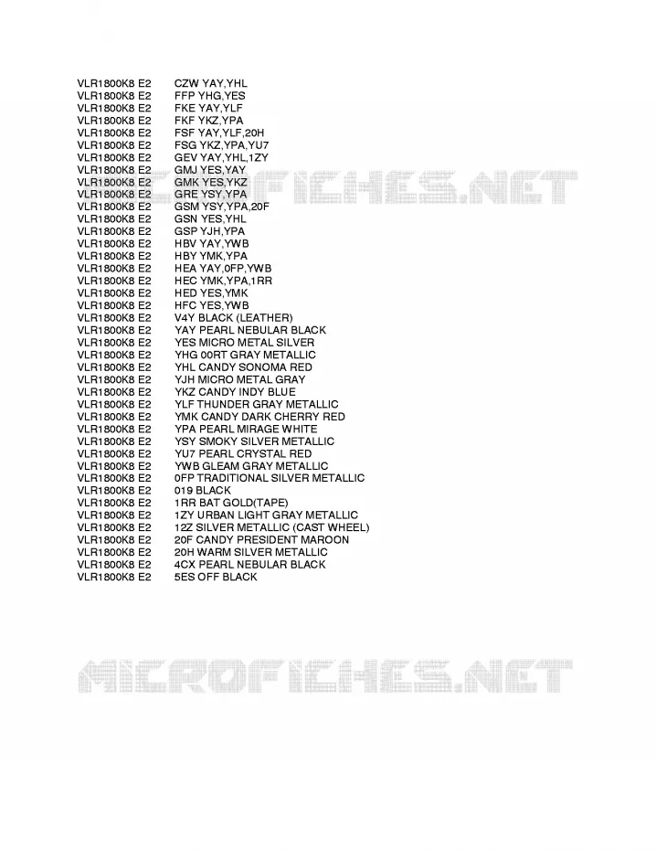 * CHARTE COULEUR * Suzuki MOTO 1800 INTRUDER 2010  VLR1800L0(E2)