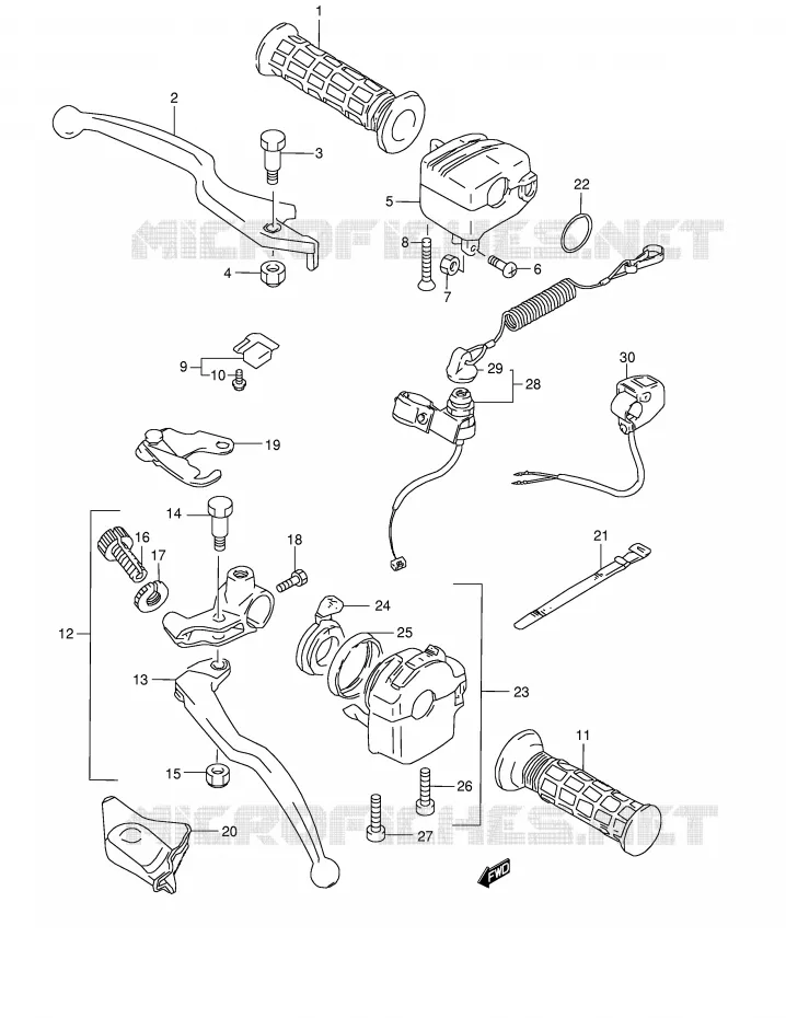 ENSEMBLE LEVIERS - POIGNEES (MODELE W/X/Y/K1) Suzuki QUAD 500 QUADMASTER 2001  LT-F500FK1(E24)