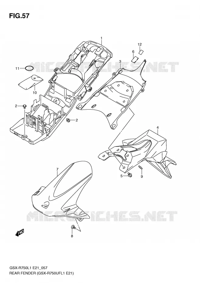 GARDE BOUE ARRIERE (GSX-R750UFL1 E21) Suzuki MOTO 750 GSX-R 2012  GSX-R750UFL1(E21)