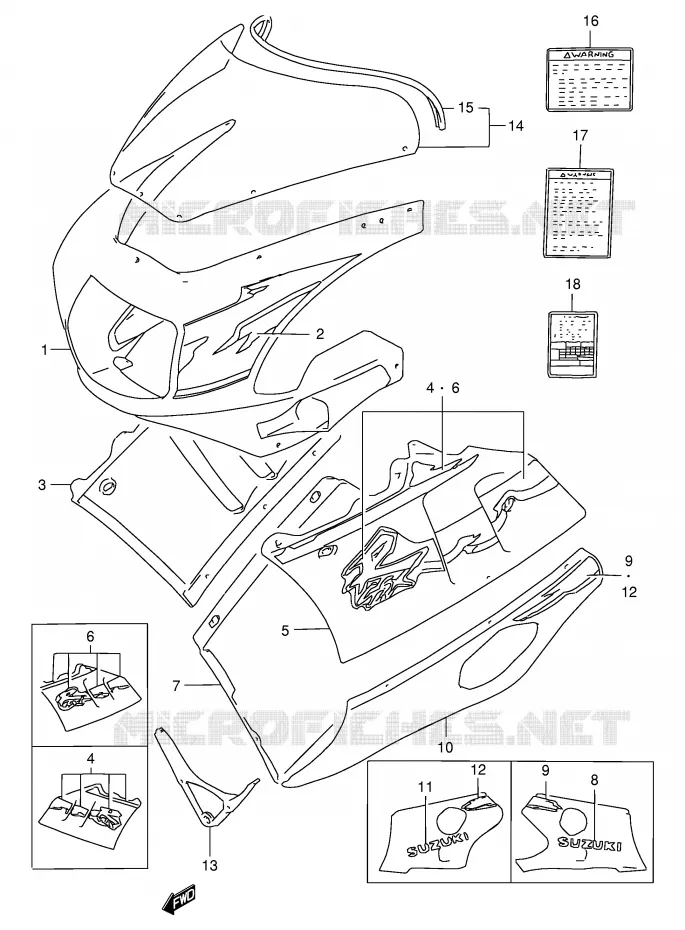 CARENAGES - ETIQUETTES (MODELE R M18) Suzuki MOTO 400 GSX-R 1994  GSX-R400RR(E30)