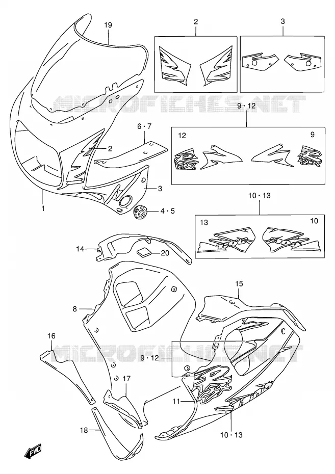 CARENAGES - ETIQUETTES (MODELE S) Suzuki MOTO 1100 GSX-R 1996  GSX-R1100WSKT(E2)