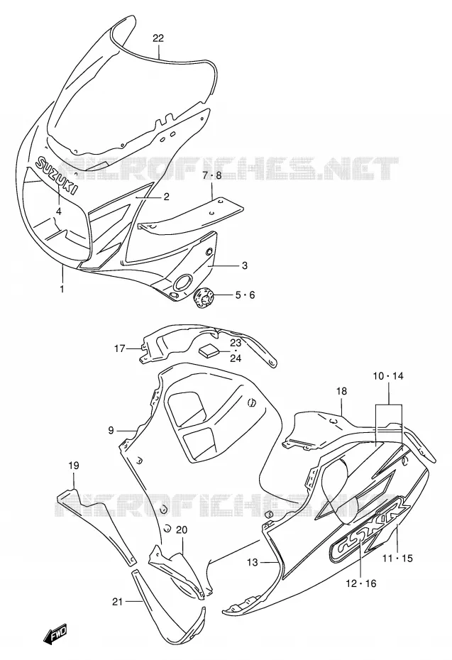 CARENAGES - ETIQUETTES (MODELE V/W) Suzuki MOTO 1100 GSX-R 1996  GSX-R1100WT(E2)