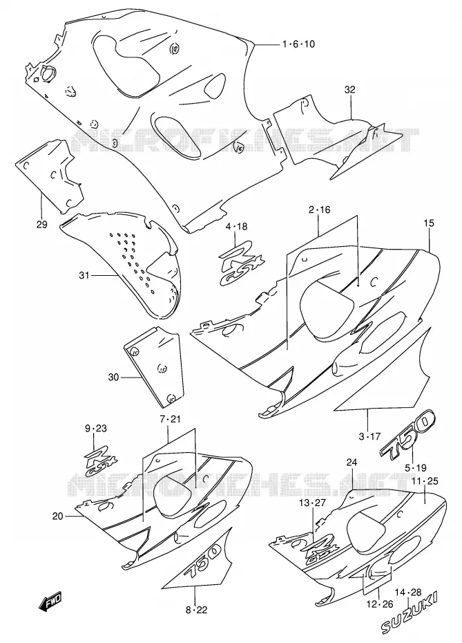 FLANCS DE CARENAGES (MODELE V) Suzuki MOTO 750 GSX-R 1998  GSX-R750W(E2)