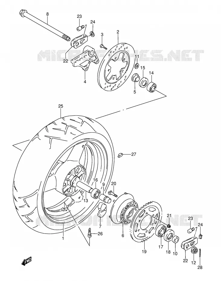 ROUE ARRIERE (MODELE P/R) Suzuki MOTO 1100 GSX-R 1993  GSX-R1100WP(E28)