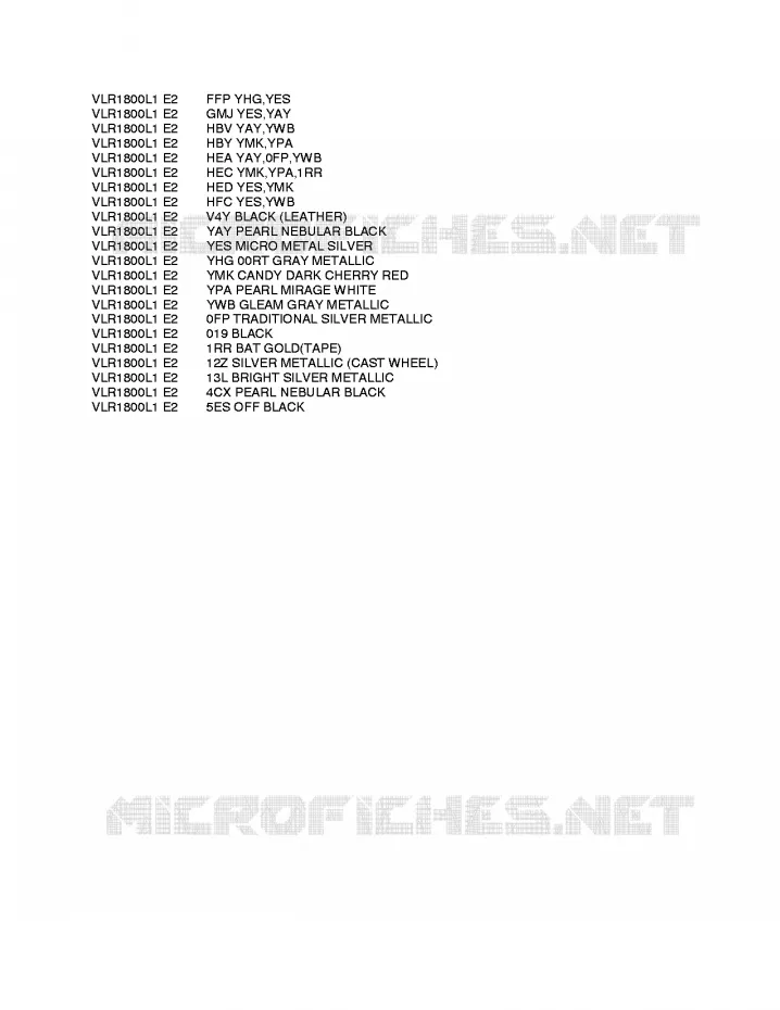 * CHARTE COULEUR * Suzuki MOTO 1800 INTRUDER 2011  VLR1800UFL1(E2)