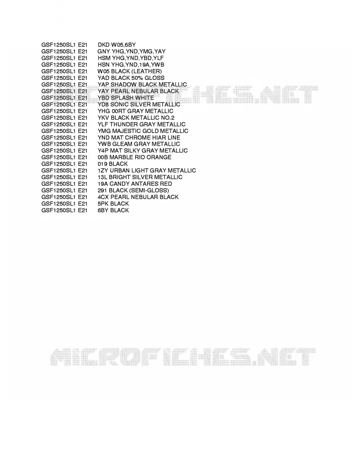 * CHARTE COULEUR * Suzuki MOTO 1250 BANDIT 2012  GSF1250SAL1(E21)