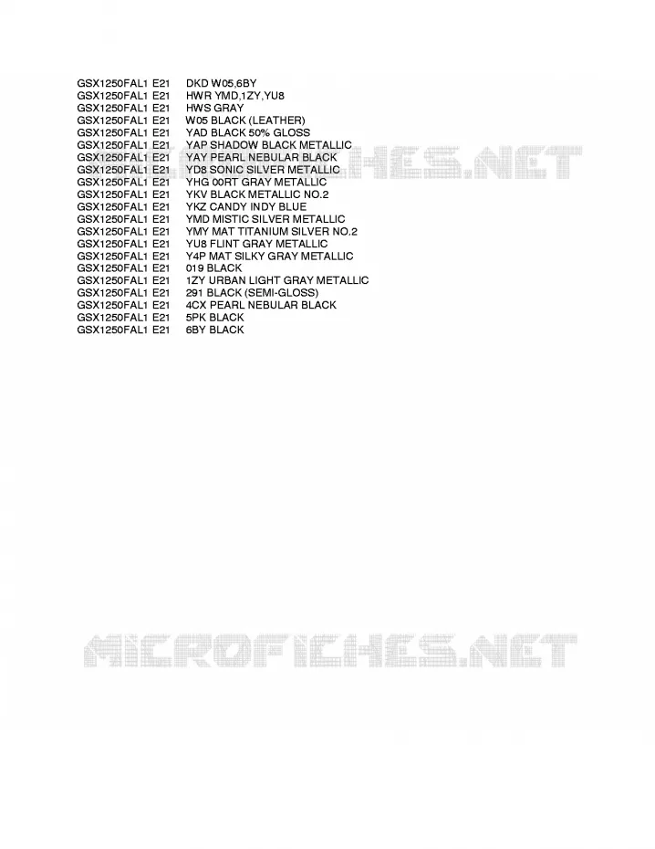 * CHARTE COULEUR * Suzuki MOTO 1250 GSX-F 2012  GSX1250FAL1(E21)