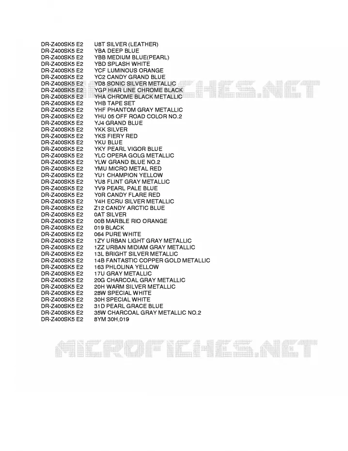 * CHARTE COULEUR * Suzuki MOTO 400 DR-Z 2009  DR-Z400SK9(E2)