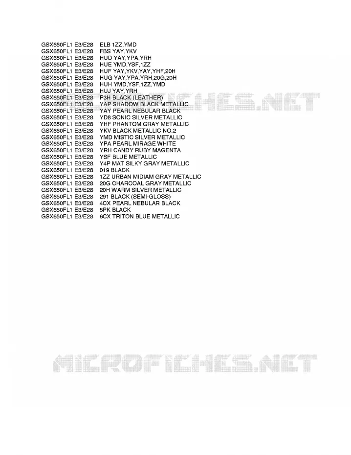 * CHARTE COULEUR * Suzuki MOTO 650 GSX-F 2011  GSX650FAL1(E3/E28)