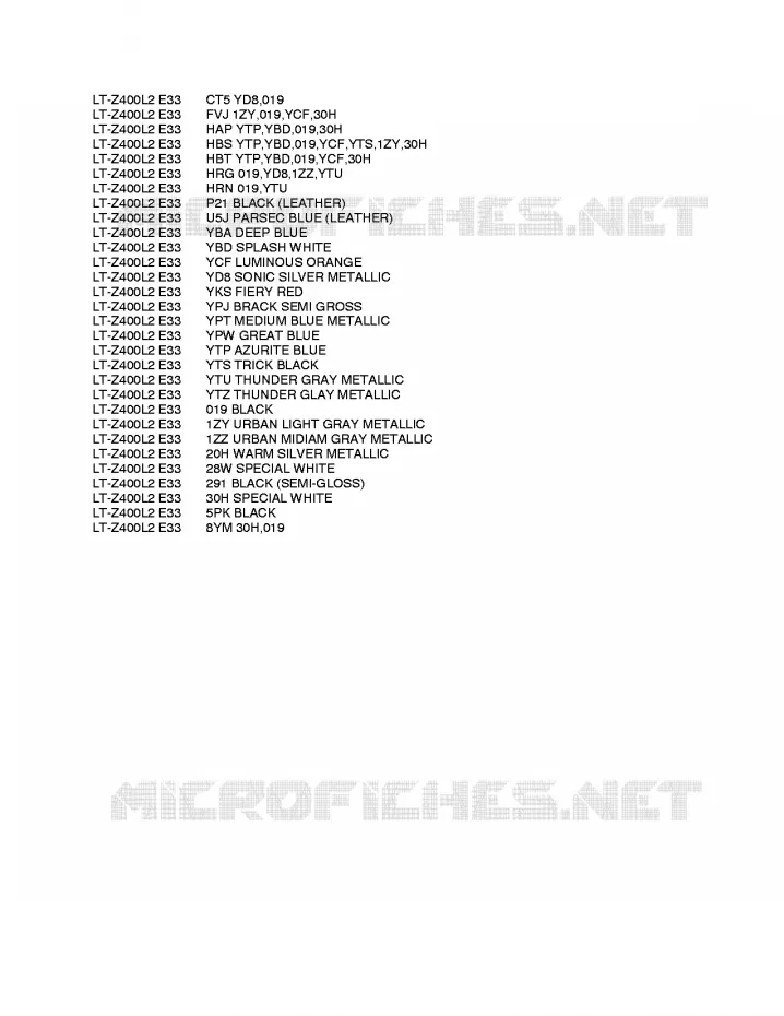 * CHARTE COULEUR * Suzuki QUAD 400 QUADSPORT 2012  LT-Z400L2(E33)