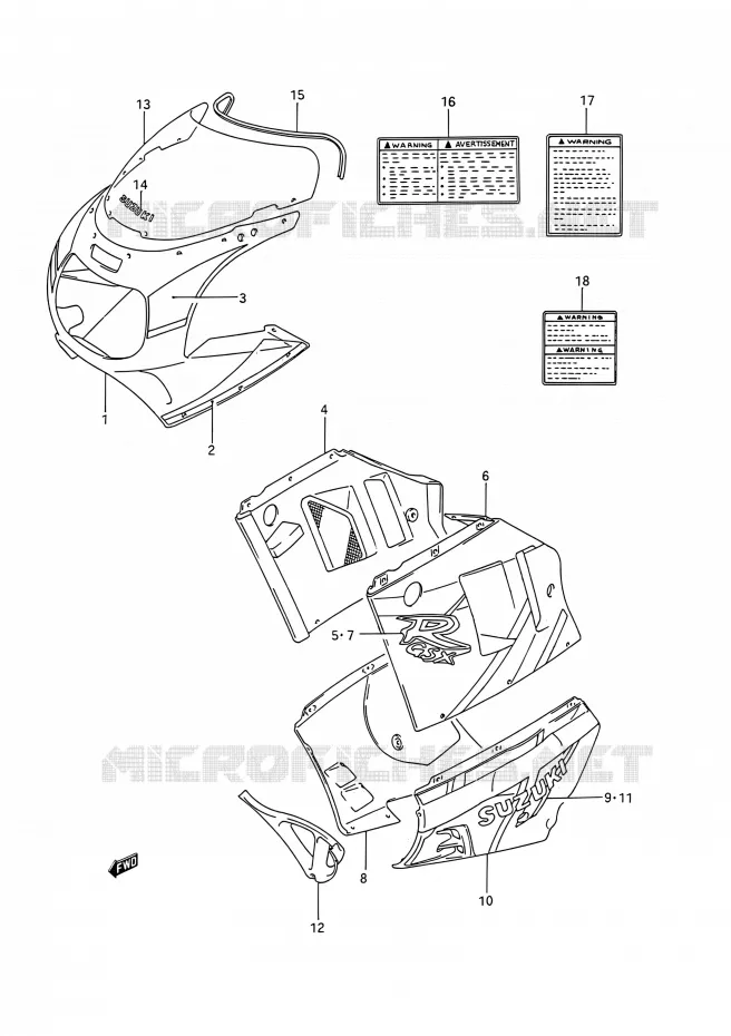 CARENAGES - ETIQUETTES (MODELE N) Suzuki MOTO 1100 GSX-R 1992  GSX-R1100 N (E03,E28,E33)