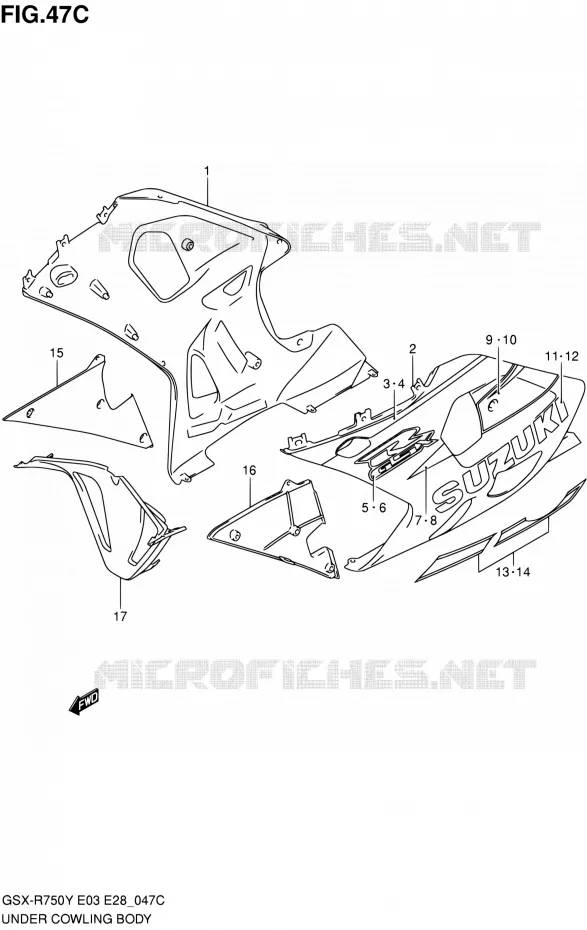 CARENAGES INFERIEUR (FLANCS) (MODELE K3) Suzuki MOTO 750 GSX-R 2001  GSX-R750K1(E03,E28,E33)