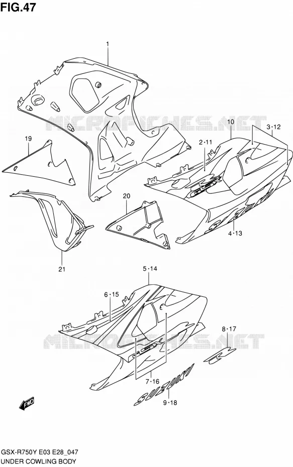 CARENAGES INFERIEUR (FLANCS) (MODELE Y) Suzuki MOTO 750 GSX-R 2002  GSX-R750K2(E03,E28,E33)
