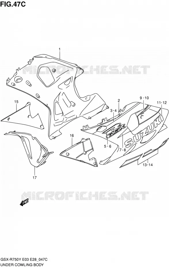 CARENAGES INFERIEUR (FLANCS) (MODELE K3) Suzuki MOTO 750 GSX-R 2003  GSX-R750K3(E03,E28,E33)
