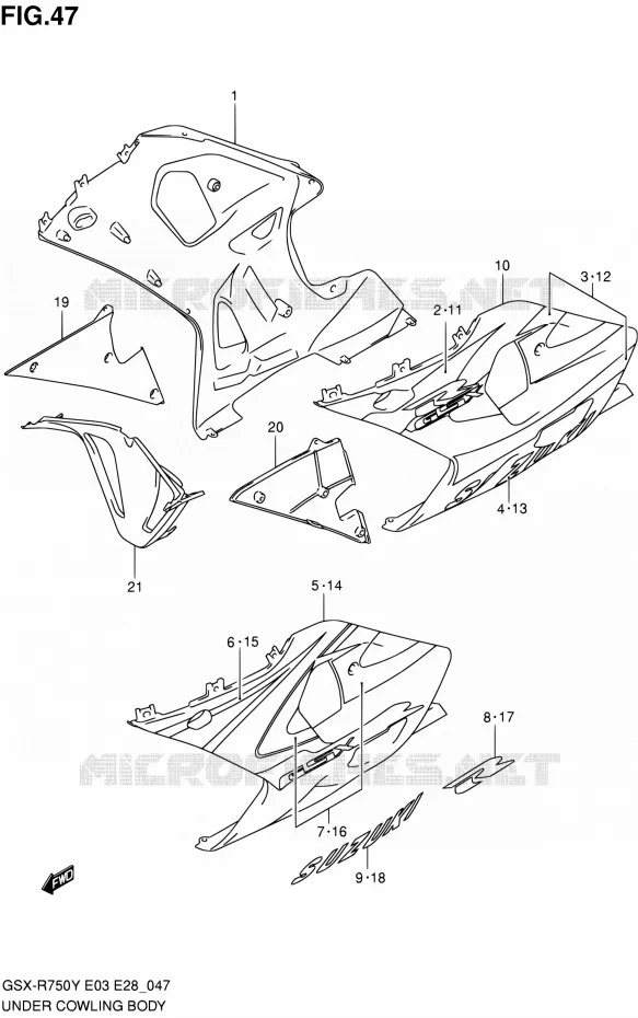 CARENAGES INFERIEUR (FLANCS) (MODELE Y) Suzuki MOTO 750 GSX-R 2003  GSX-R750K3(E03,E28,E33)