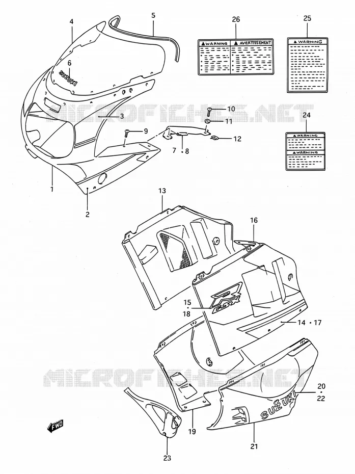 CARENAGES - ETIQUETTES (05X) Suzuki MOTO 750 GSX-R 1991  GSX-R750 M (E03,E28,E33)