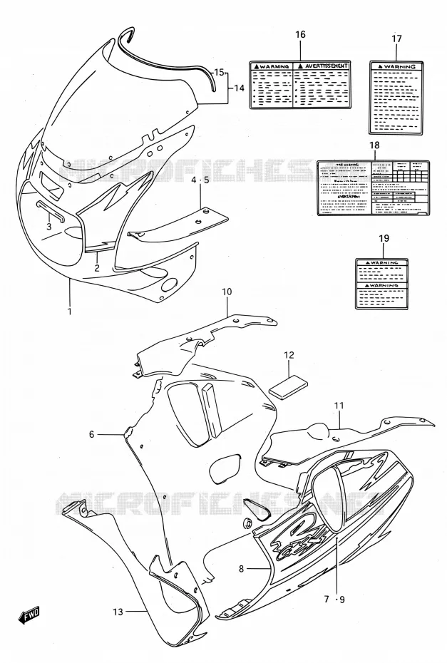 CARENAGES - ETIQUETTES (MODELE P 1TU) Suzuki MOTO 750 GSX-R 1993  GSX-R750W P (E03,E28,E33)