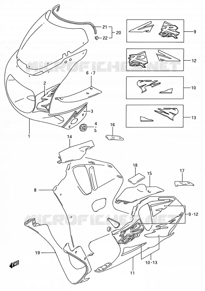 CARENAGES ET SUPPORTS AVANT (MODELE S M18) Suzuki MOTO 750 GSX-R 1995  GSX-R750W S (E03,E28,E33)