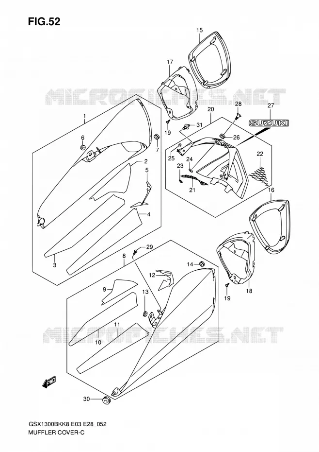 COUVERCLES SILENCIEUX Suzuki MOTO 1300 B-KING 2009  GSX1300BK K9 (E03,E28,E33)