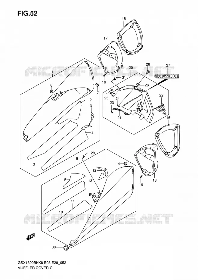 COUVERCLES SILENCIEUX Suzuki MOTO 1300 B-KING 2008  GSX1300BKA K8 (E03,E28,E33)