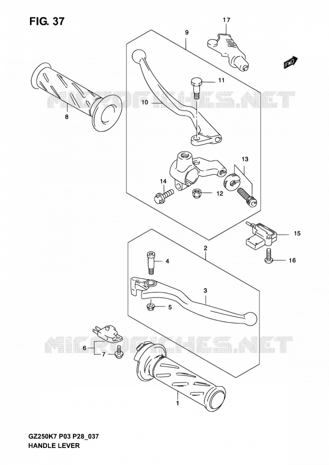 ENSEMBLE LEVIERS - POIGNEES Suzuki MOTO 250 GZ 2006  GZ250K6(E03,E28,E33)