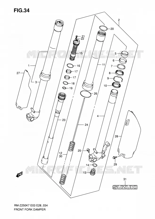 AMORTISSEUR AVANT (MODEL K7) Suzuki MOTO 250 RM-Z 2007  RM-Z250 K7 (E03,E28,E33)