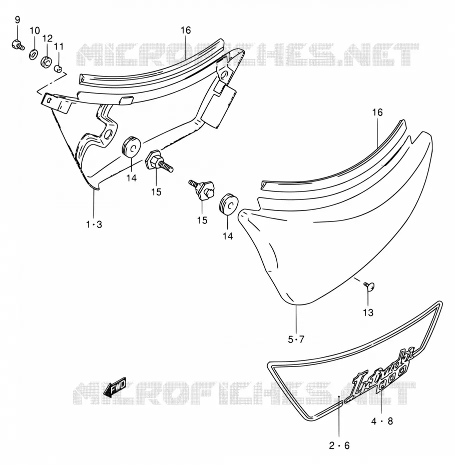 CARENAGES ARRIERE  (MODELE N/P/R) Suzuki MOTO 800 INTRUDER 1994  VS800GL R (E02,E04,E17,E18,E21,E22,E25,E34,E53)